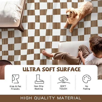 jinchan 4x6 Brown Checkered Area Rugs for Kids Room - Machine Washable Rug Modern Neutral Geometric Lattice Soft Non-Slip Carpet for Nursery Playroom Bedroom Entryway Living Room Home Office