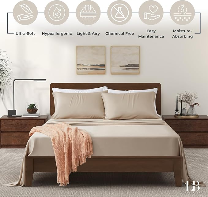 Luxury Bamboo Market | King Size Bed Sheet Set | 100% Viscose Made from Bamboo | Organically Grown | Ultra Soft | Cooling Sheets for Hot Sleepers | 17" Deep Pocket [Dune]