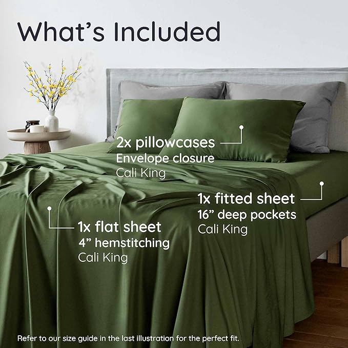 Bambaw California King Sheet Set 4pcs – 100% Viscose Derived from Bamboo Sheets Deep Pocket, Fits Up to 16'' Mattresses, Super Soft & Temperature Cooling Bed Sheets (Olive)