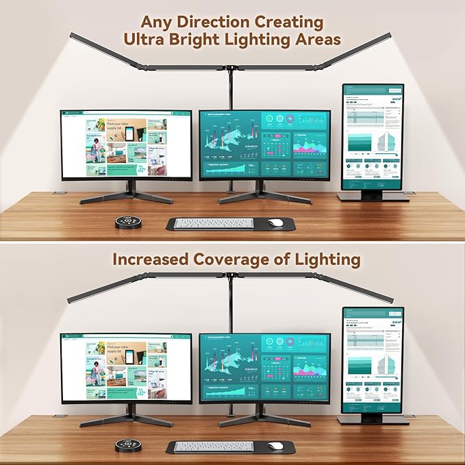 Led Desk Lamps for Home Office - Eye Caring Architect Lamp with Clamp, Double Head Computer Monitor Work Desk Light with Remote Control: 24W Flexible Dimmable Desktop Table Lamp