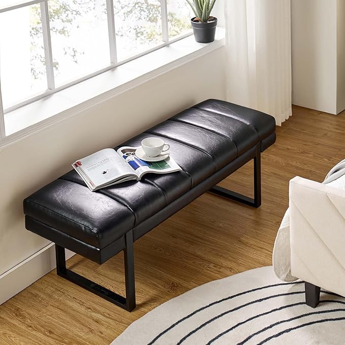 HULALA HOME 53" Faux Leather Entryway Bench, Button Tufted End of Bed Bench Ottoman for Bedroom, Living Room with Metal Base,Black