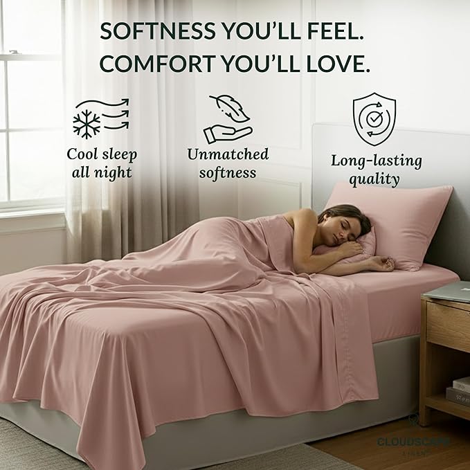 Cloud Scape Linen 100% Egyptian Cotton Sheets Twin Size, 3 Pieces Luxury Bedding Set, 400 Thread Count,Hotel Quality, Silky Soft, Breathable and Durable, Deep Pockets up to 15, Sepia Rose