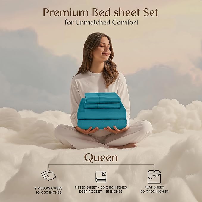 Utopia Bedding Queen Sheet Set – 4 Piece Bed Sheets for Queen Size Bed, Soft and Breathable Microfiber, Includes 1 Fitted Sheet, 1 Flat Sheet and 2 Pillowcases (Denim Blue)