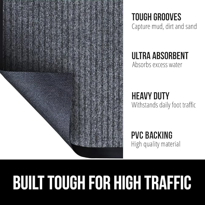 GORILLA GRIP Waterproof Traffic Guard Door Mat, Heavy Duty Entryway Mats, Strong Rubber Back Commercial Utility Rugs for Office Hallway, Garage Floor and Home, Low Profile Carpet, 29x17, Charcoal Gray