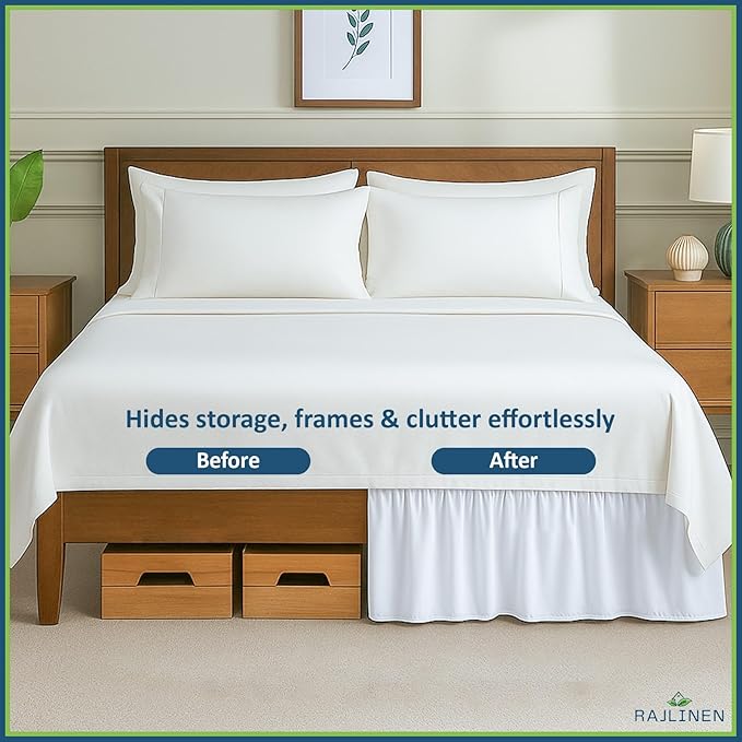 Rajlinen Ruffled Bed Skirt Full XL, 14 Inch Drop Dust Ruffle with Split Corners, 100% Microfiber Bedskirt with Platform, Three-Sided Coverage Ruffled Gathering Design, White