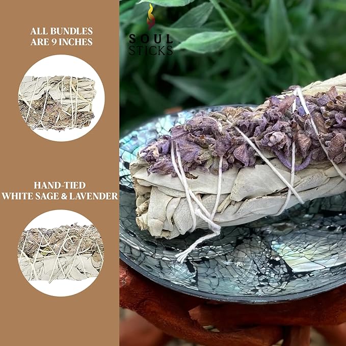 Soul Sticks 9 Inch 1 Pack Organic White Sage & Lavender Smudge Stick With Starter Guide, Bulk Quantities for Home Cleansing, Meditation, & Smudging Rituals, Sustainably Sourced California White Sage