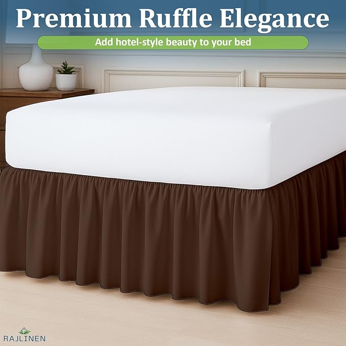 Rajlinen Ruffled Bed Skirt King, 10 Inch Drop Dust Ruffle with Split Corners, 100% Microfiber Bedskirt with Platform, Three-Sided Coverage Ruffled Gathering Design, Chocolate