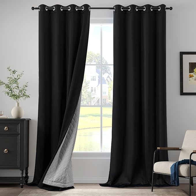 3-in-1 Blackout Curtains Soundproof Noise Reduction Curtains Black Thermal Insulated Drapes for Winter Room Divider Grommet Curtains for Living Room Bedroom (1 Panel, Black, 50" x 108")