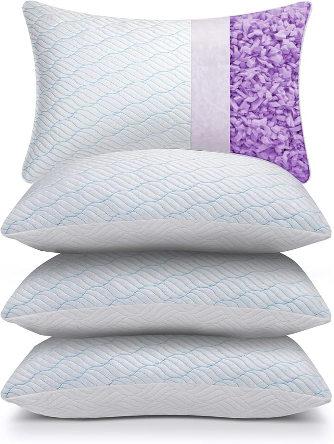 Cooling King Size Pillows Set of 4, Shredded Memory Foam Pillows with Zipper, Adjustable Firmness for Sleeping Cool Cold Pillow for Hot, Side Sleepers,20x36,4 Pack