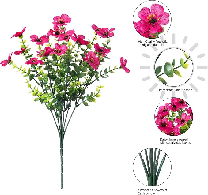 HyeFlora Artificial Flowers for Outdoor Indoor Garden Home Decoration, Faux Flower Daisy with Eucalyptus Leaves Fake Plants Greenery Boxwood Porch Patio, 12 Bundles (Rose Red)