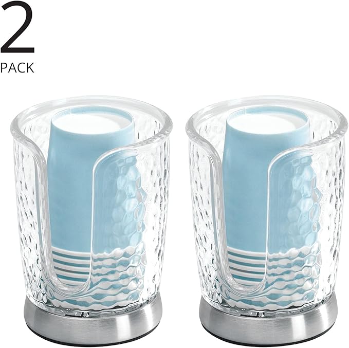 mDesign Plastic/Steel Compact Small Disposable Paper Cup Dispenser Storage Holder for Rinsing Cups on Bathroom Vanity Countertops - Rain Collection - 2 Pack - Clear/Brushed Chrome