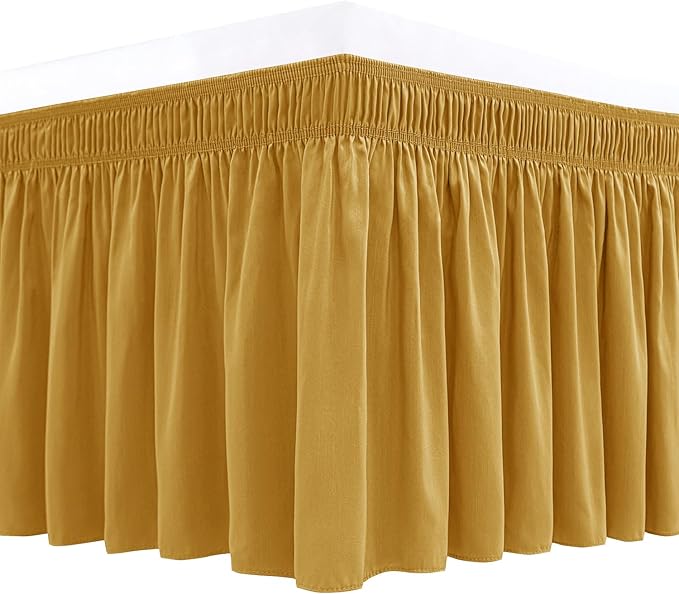 Biscaynebay Wrap Around Bed Skirts for King & Cal King Beds 21" Long Drop, Gold Adjustable Elastic Dust Ruffles Easy Fit Wrinkle Resistant Silky Luxurious Fabric Machine Washable