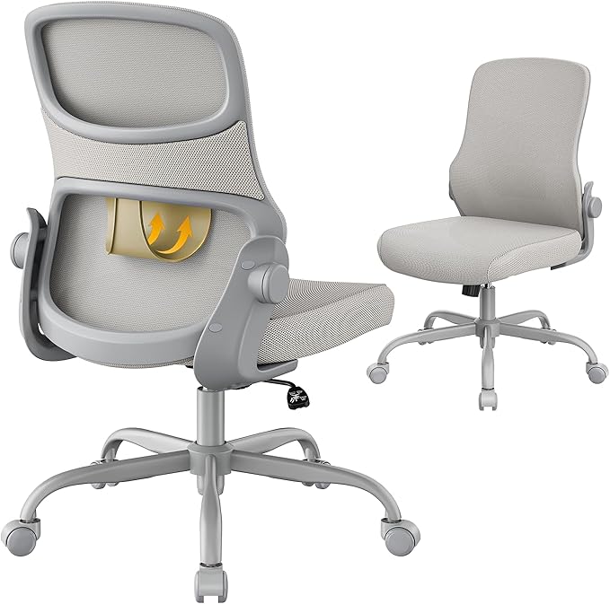 Office Chair, Mesh Ergonomic Desk Chairs, Lumbar Support, Adjustable Height, Armless, Swivel Function and Smooth-Rolling Wheels for Home, Office and Gaming (Gray)