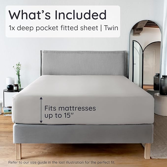 Bambaw 100% Viscose Derived from Bamboo Fitted Sheet Twin Size, Cooling Fitted Sheet Twin Size, 15’’ Deep Pocket Twin Size Fitted Sheets Only, Breathable Twin Bottom Sheets Only (Moonlight Gray)