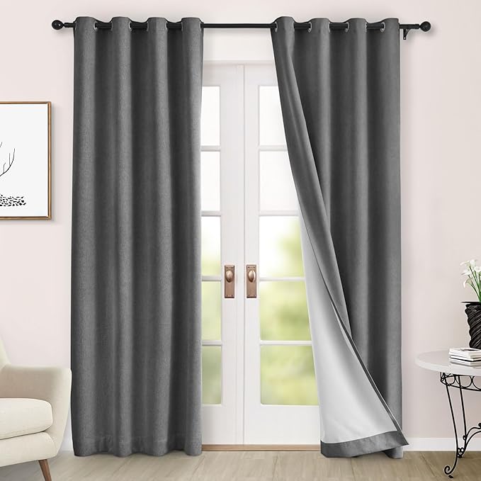 Macochico 100% Blackout Curtains Thermal Insulated Noise Reducing Chenille Curtains for Hotel Auditorium Bedroom Living Room Grommet Dark Grey Curtains with Tieback Classic 52" Wx84 L 1 Panel