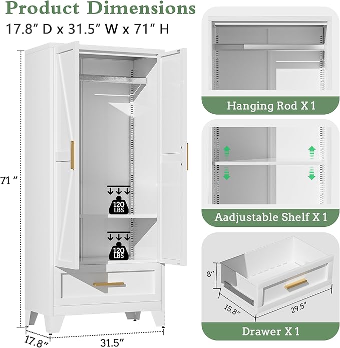 Metal Armoire Wardrobe Closet,71" Tall White Storage Cabinet with Hanging Rod,1 Drawers & 1 Adjustable Shelves,Heavy-Duty Steel Wardrobe for Bedroom, Garage, and Office