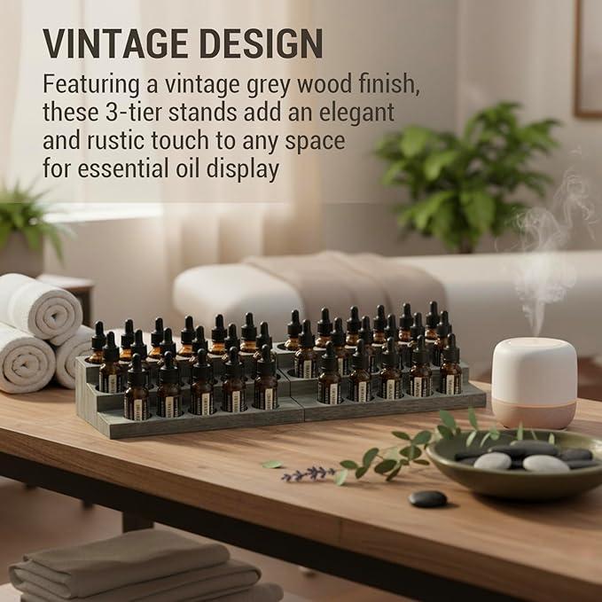 MyGift Set of 2 Vintage Gray Wood 3-Tier Essential Oil Display Stands, Countertop Organizer Rack for 17 Bottles Each