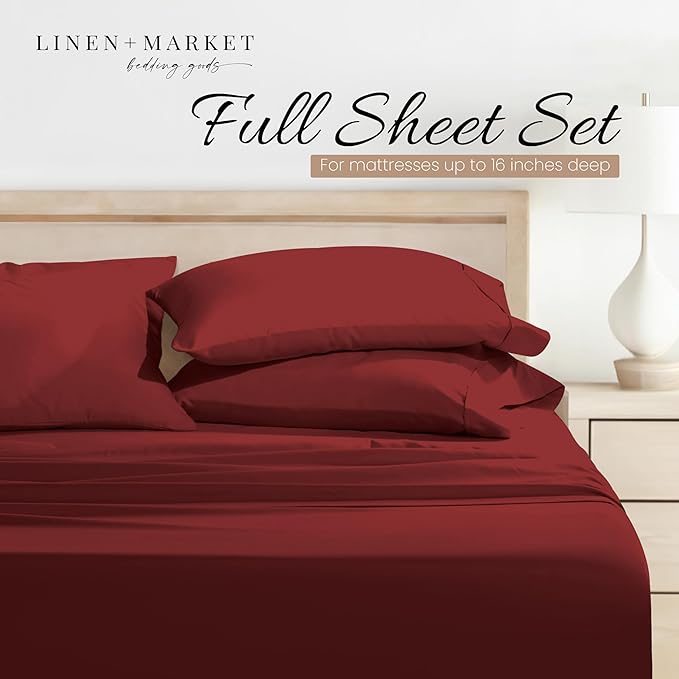 Linen Market Brushed Microfiber Full Sheet Set 4 Piece – Oeko-TEX Certified Ultra Soft & Wrinkle-Free - 16" Deep Pocket Sheets - Easy Care Full Size - Burgundy