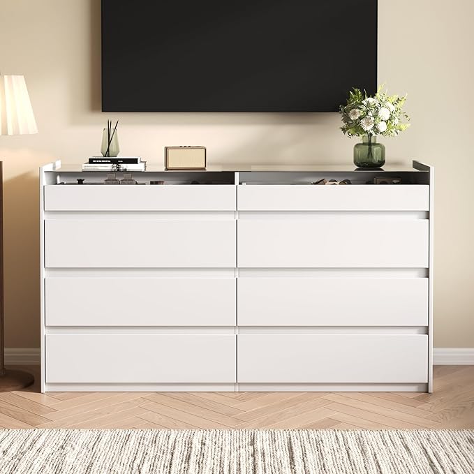 White 8 Drawer Dresser for Bedroom, Modern Chest of Drawers, Jewelry Dresser Display with Glass Top and LED Light, Dressers Organizer for Bedroom, Closet, Living Room
