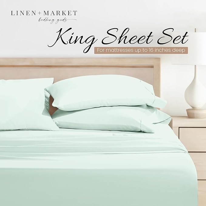 Linen Market Brushed Microfiber King Sheet Set 4 Piece – Oeko-TEX Certified Ultra Soft & Wrinkle-Free - 16" Deep Pocket Sheets - Easy Care King Size - Mint