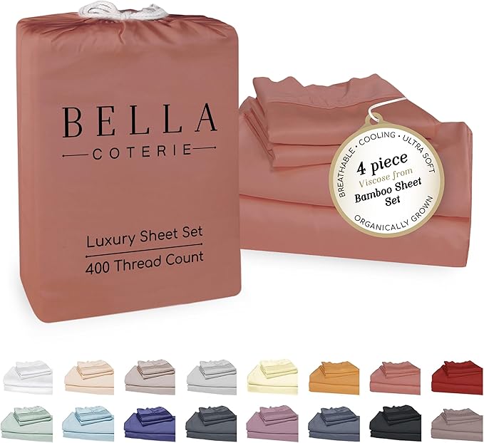 Bella Coterie Luxury Bamboo Viscose Cal King Size Sheet Set | 100% Organically Grown | Ultra Soft | Cooling for Hot Sleepers | 18" Deep Pocket [Raisin]