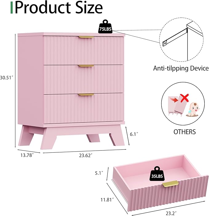 Fluted Nightstand, 24" Wide Side Table with 3 Large Storage Drawers, Mid Century Modern Wood Night Stand with Metal Handle, Wooden Bedside End Table for Bedroom, Living Room, Closet, Pink