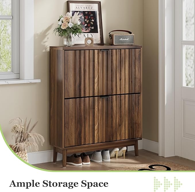 Shoe Storage Cabinet with 2 Flip Drawers, Walnut Fluted Narrow for Entryway, Slim Shoe Rack Cabinet Organizer 31.5in
