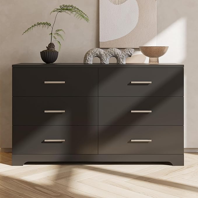 Karl home 6 Drawer Dresser, Wood Black Vanity Drawer Cabinet, Bedroom Storage Cabinet TV Stand, Large Dresser Storage Chest with Deep Drawers, Bedroom Furniture, 47.2×27.6×15.7 inches