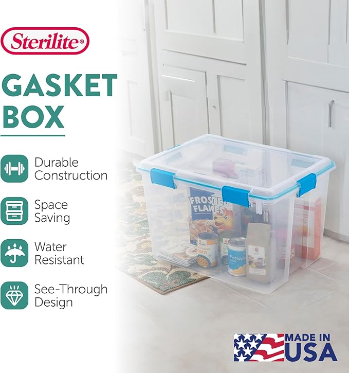Sterilite 16-Pack Gasket Box, Weather-Resistant Storage Bins with Latching Lids, 80 Quart - Heavy-Duty Organizing Containers for Closet, Bathroom, and Office