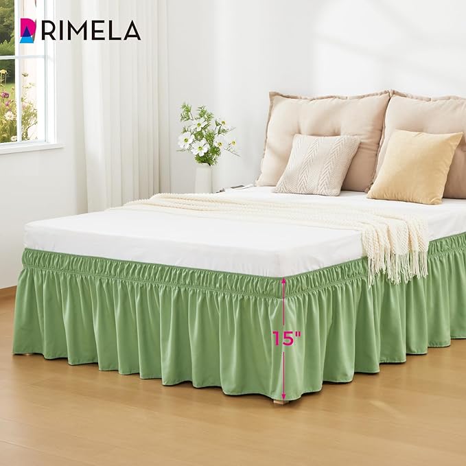 RIMELA Light Green Bed Skirt Queen Size 15 Inch Drop, Elastic Bed Skirting for Adjustable Bed Base and Frame, Bedding Dust Ruffle Easy to Install, Wrap Around Bedskirt