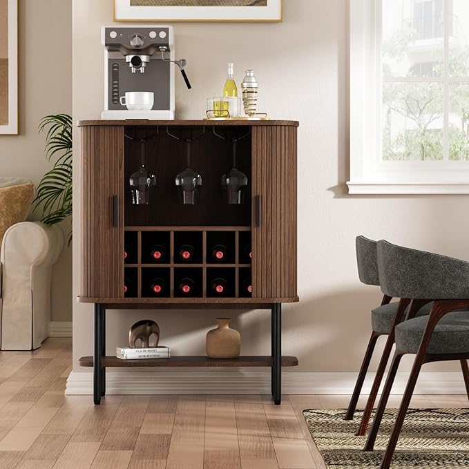 Coffee Bar Cabinet with Storage, Fluted Wine Cabinet with Sliding Doors, Glass Holder and Wine Rack, Buffet Sideboard Liquor Cabinet for Kitchen, Dining Room, Living Room, Walnut