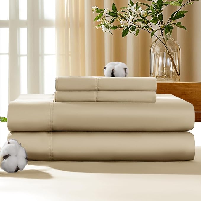 LBRO2M 100% Cotton Sheets Set Deep Pocket 19", 1000 Thread Count King Size 4 Piece Bed Sheet Sets Soft Comfortable Bedding All Season (King, Linen)
