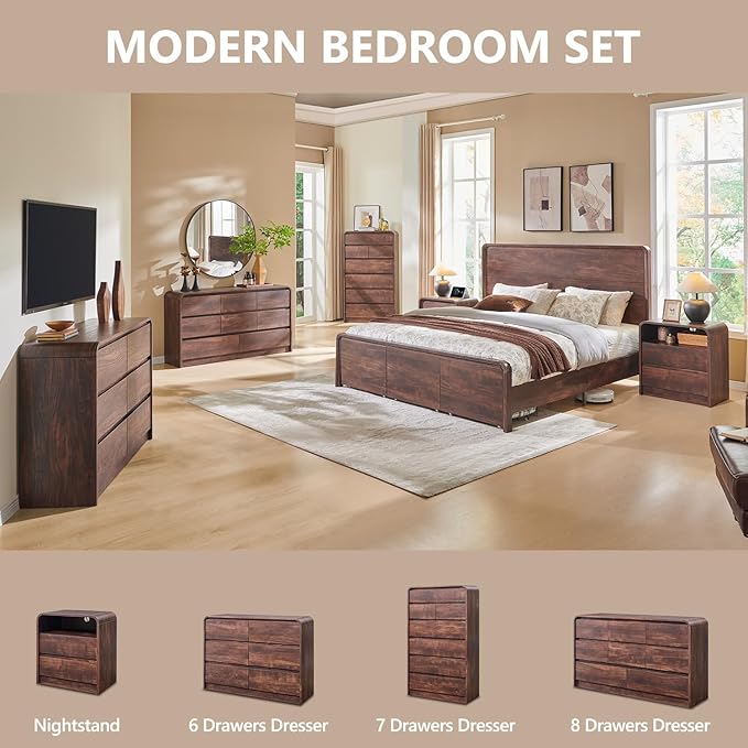 Modern 5 Drawers Dresser for Bedroom, 45" Tall Dressers & Chests of Drawers w/Curved Profile Design, Wood Mid Century Vertical Dresser w/Natural Texture for Bedroom, Living Room, Brown