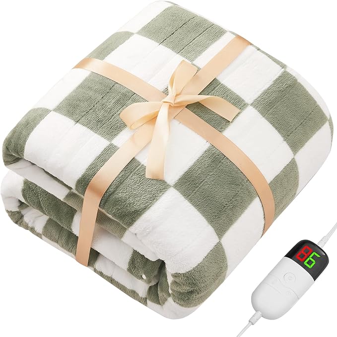 Sage Green Heated Throw Blanket Electric, 50X60 Heating Blanket with 10 Heat Levels & 8 Hours Auto Off for Lap, Checkered Plaid Soft Sherpa Blankets Warmer Gifts for Couch Grandma Women Adults