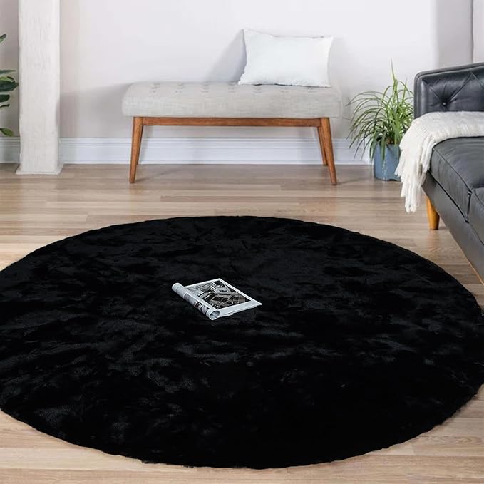 Latepis Round Area Rugs 6ft Black Carpet for Bedroom Washable Shaggy Rug Faux Rabbit Fur Fluffy Shag Rugs Large Circle Rug for Living Room Nursery Playroom