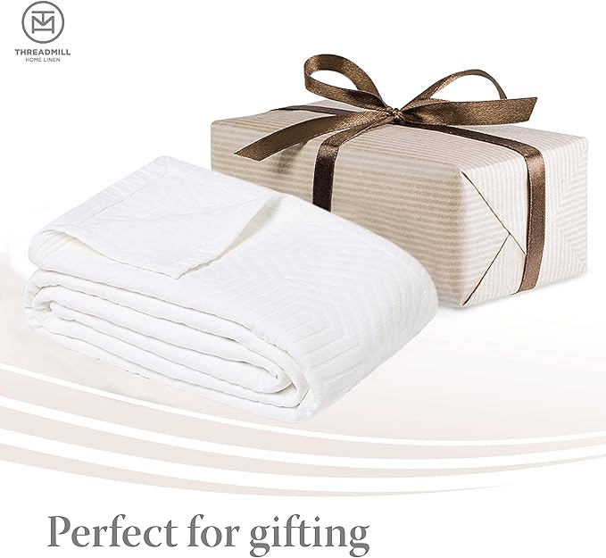Threadmill Luxury Cotton Blankets for Queen Size Bed | All-Season 100% Cotton Queen Size Blanket | Aster Jacquard Cozy Lightweight, Soft Breathable Coverlet fits Full Size Bed, 90x92 | White