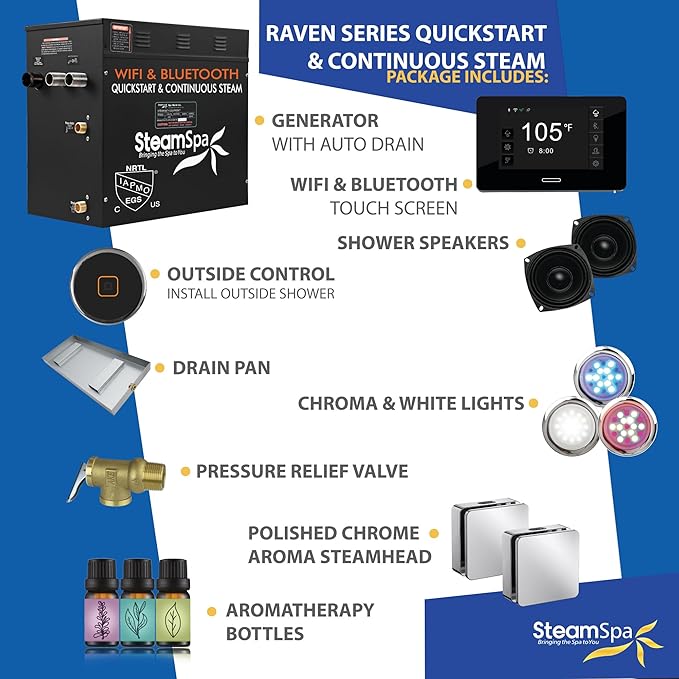 SteamSpa Steam System 12kW Steam Shower Generator with Bluetooth Wifi, Quickstart Continous Steam, Advanced Touch Pad Screen, Chroma Lights, Drain Pan and Auto Drain Chrome RVBS1200CH-A