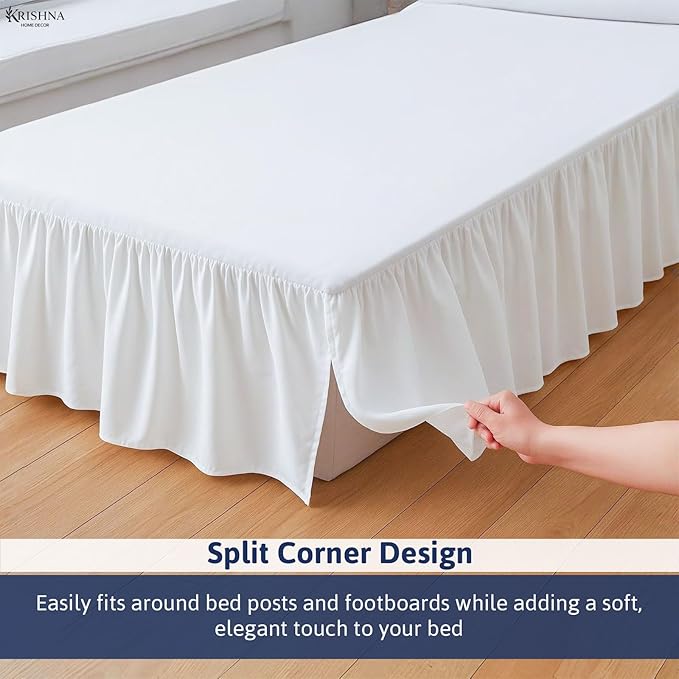 KRISHNA Ruffled Bed Skirt with Split Corners King, 100% Microfiber Hotel Quality, 12 Inch Drop Dust Ruffle Gathered Bedskirt with Platform, 78" x 80", White