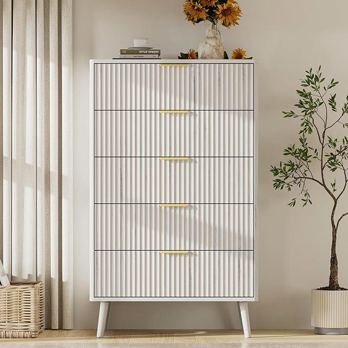 LYNSOM Fluted 5 Drawers Dresser, 45" Tall Modern Chest of Drawers with Curved Profile Design and Metal Handle, Wood Drawer Organizer for Bedroom, Living Room, Hallway, Entryway, White