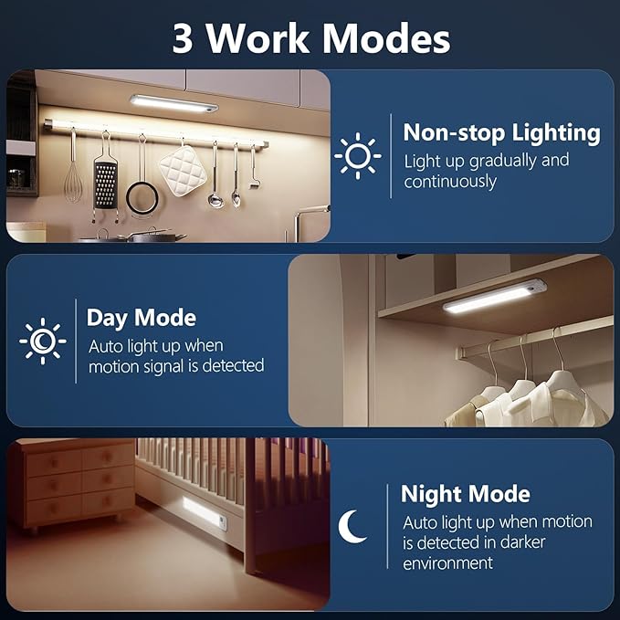 Under Cabinet Lighting, 3 Colors, Motion Sensor Light Indoor, LED Rechargeable Closet Lights Battery Operated, Dimmable Night, Stick-On Magnetic Cabinet Lights for Kitchen Stairs Hallway