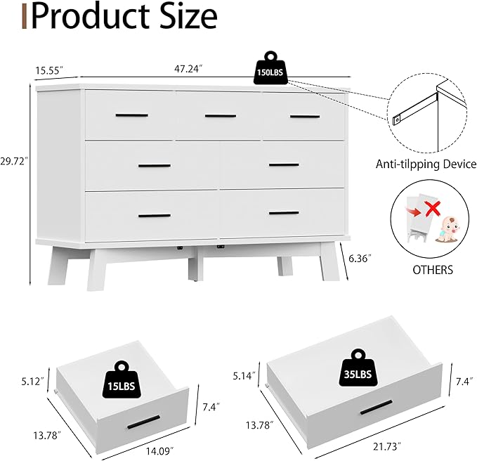 Dresser for Bedroom with 7 Drawer, Wood Modern Chest of Drawers with X-Shaped Sturdy Base, Wide Double Dresser Closet Clothes Storage Organizer, Wooden TV Stand for Living Room, Hallway, White