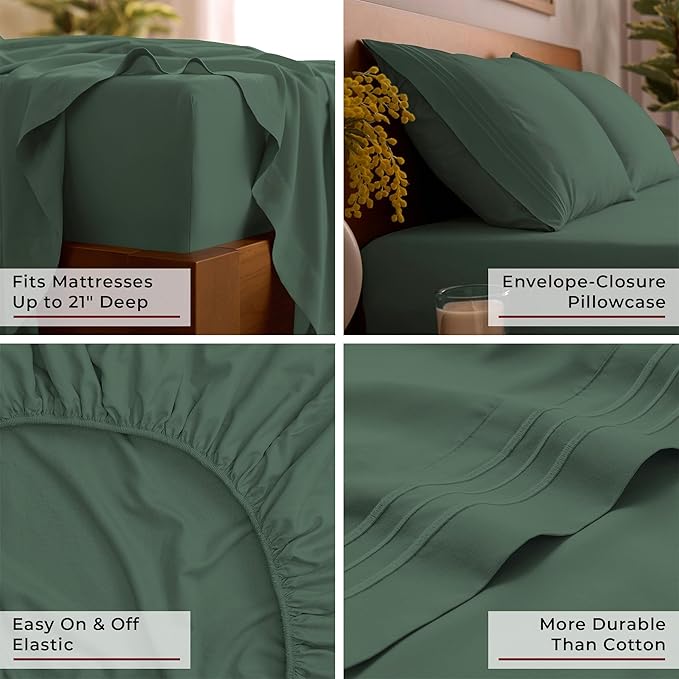 Mellanni Full Sheet Set - 6-Piece Iconic Collection Bedding, (Including 4 Pillowcases), 21-Inch Extra Deep Pocket, Easy Care, Ultra Soft, Cooling Sheets, Brushed Microfiber - Emerald Green