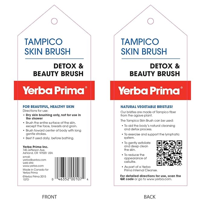 Yerba Prima Tampico Skin Brush for Exfoliation, Dry Brushing, and Blood Circulation with Natural Fiber Bristles and an All-Natural Maple Wood Handle - 1 Brush