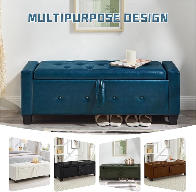 48" Storage Ottoman Bench, Upholstered Button-Tufted End of Bed Bench with Soft-Close Hinge & Solid Wood Legs, Foot Rest for Living Room, Bedroom, Hallway (Faux Leather, Blue)