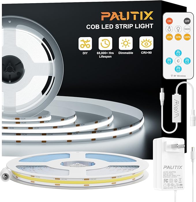 PAUTIX COB LED Strip Light 32.8ft,LED Lights UL-Listed Daylight White 6000K Strip Lights with RF Remote,Dimmable Super Bright 24V Cool White Natural White LED Tape Lights,Cabinet Office Lighting