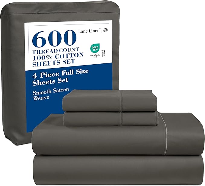 LANE LINEN 600 Thread Count 100% Mercerized Cotton Machine Wash Full Size Bed Sheets Set, Fully Elasticized Fitted Sheet, European Closure Pillow Cases, Z Hem Top Sheet, Soft & Comfy Sheets - Charcoal