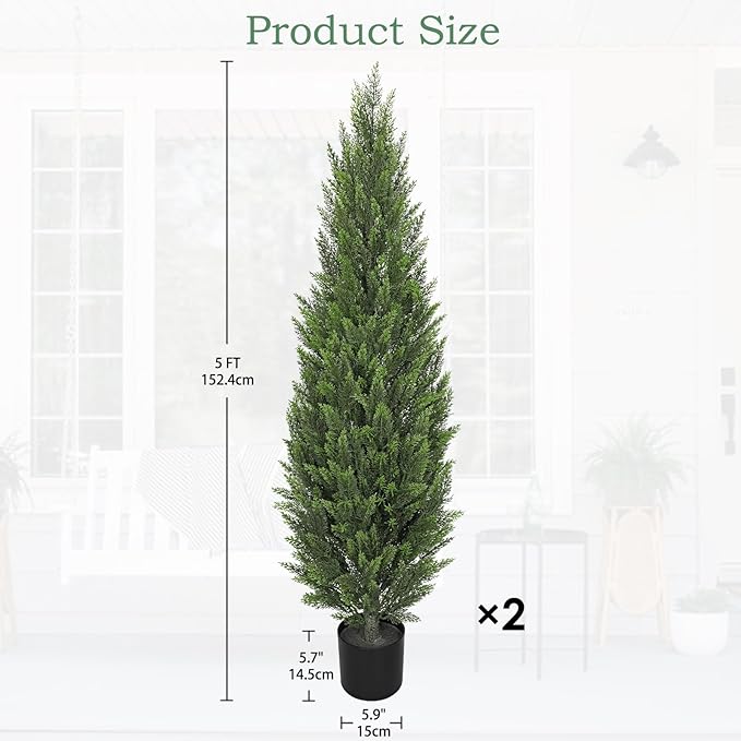 Briful 5ft Cedar Topiary Trees Artificial Outdoor Set of 2, Realistic Faux Cedar Pines with Pots, UV Resistant Christmas Greenery for Holiday Decor, Indoor Farmhouse Entryway Patio Door Plants