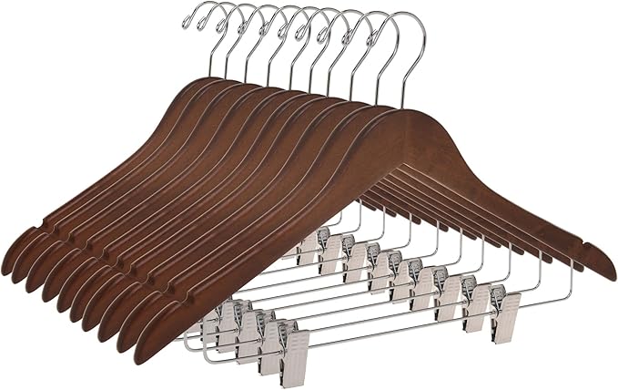 Quality Wooden Skirt Hangers with Clips 80-Pack Walnut Pants Hangers with Adjustable Chrome Metal Clips, Swivel Hook, Coat, Jacket, Blouse Suit Hangers (Walnut - Chrome Hook, 80)