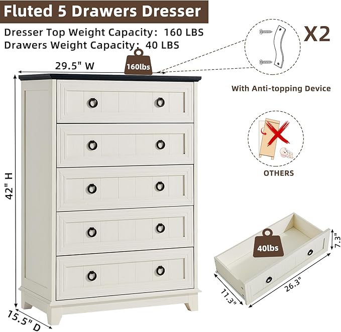 Farmhouse 5 Drawer Dresser for Bedroom, 42" Tall Small Dressers & Chest of Drawers, Rustic Wood Dresser with Metal Handle, Storage Organizer Closet for Living Room, Hallway, Entryway