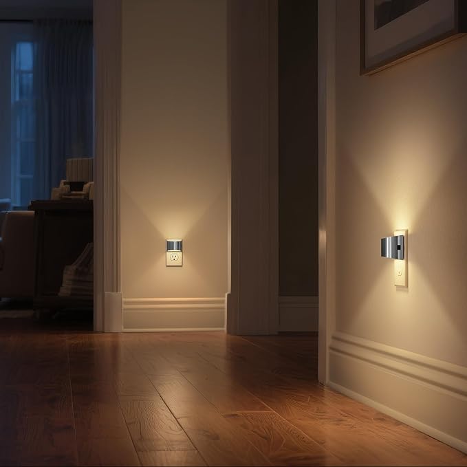 DORESshop LED Night Light[2 Pack], Night Lights Plug into Wall, 3 Level Brightness Adjustable Plug in Night Light, Dusk to Dawn Sensor Nightlights for Adults,Bedroom,Hallway,3000K -Chrome Cover